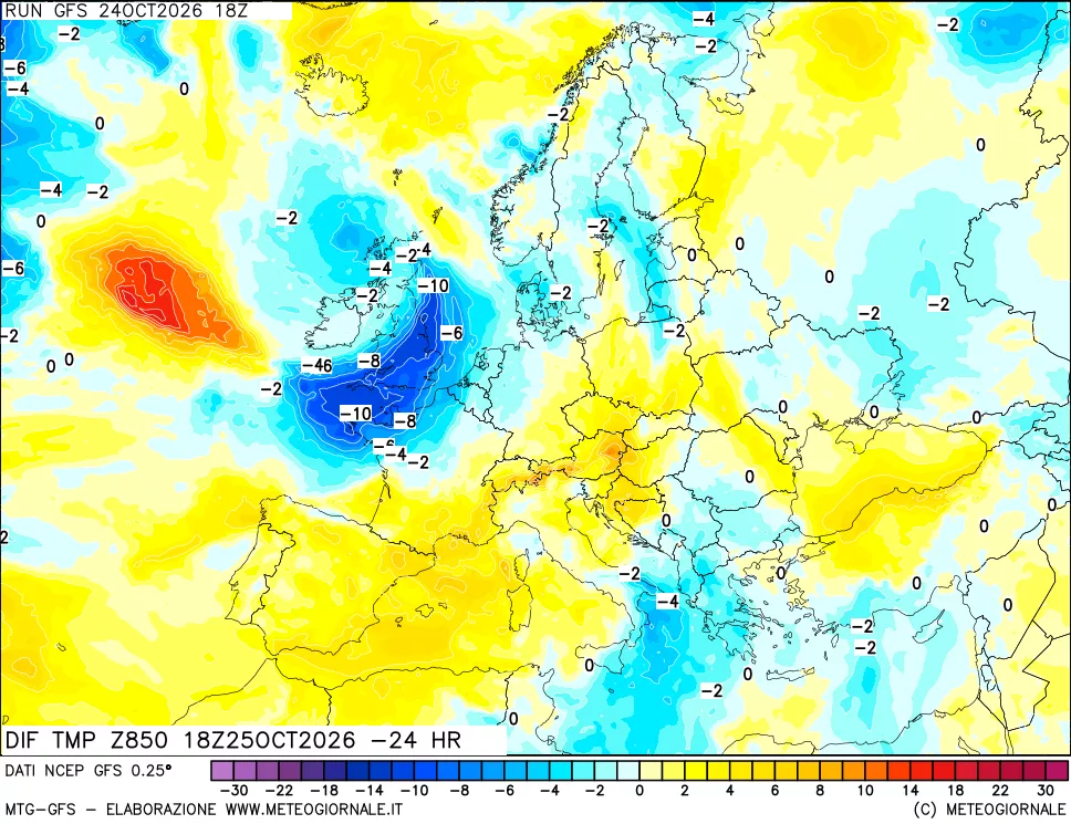 mappa Dif. Temp a 850 hPa Valid - Init