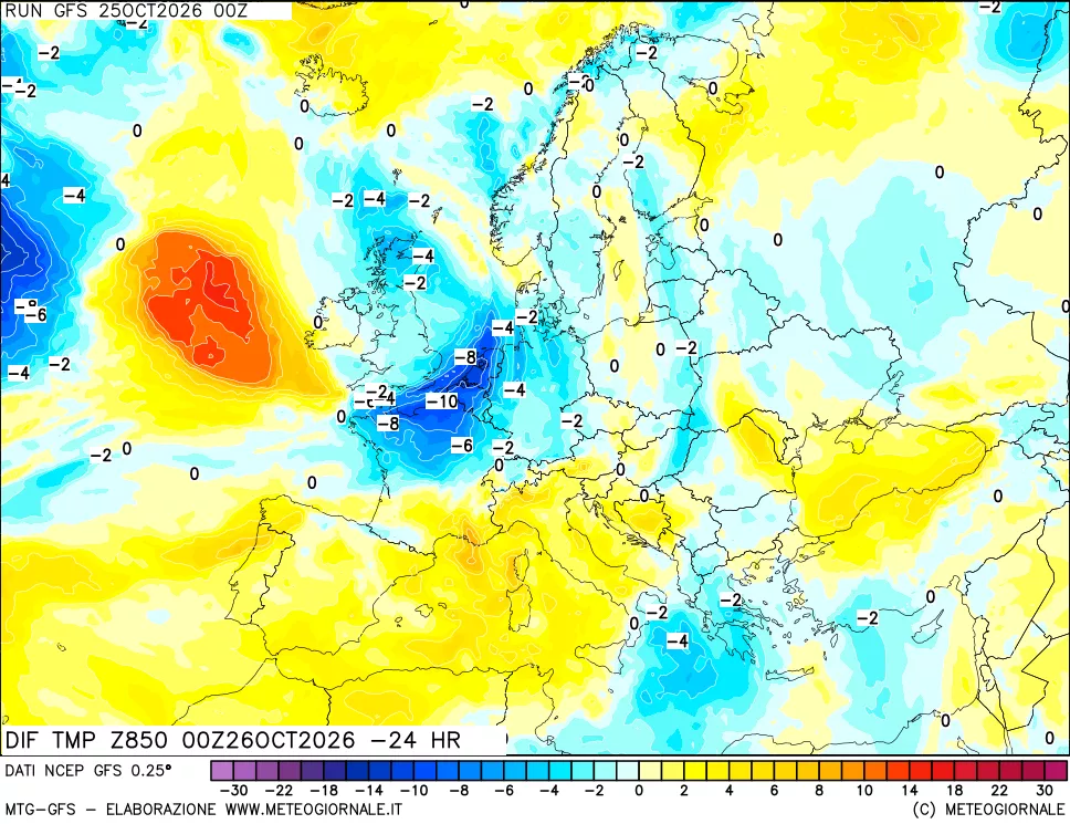 mappa Dif. Temp a 850 hPa Valid - Init