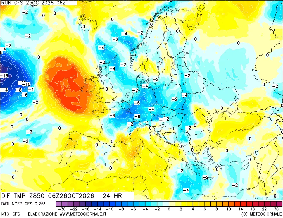mappa Dif. Temp a 850 hPa Valid - Init