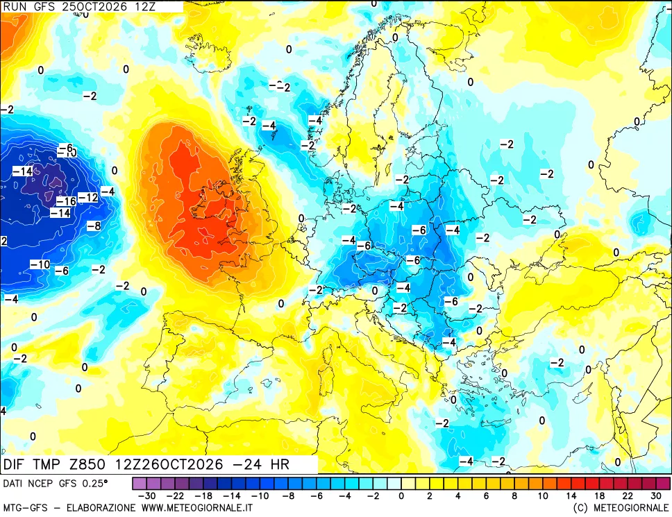mappa Dif. Temp a 850 hPa Valid - Init