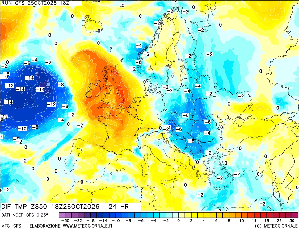 mappa Dif. Temp a 850 hPa Valid - Init