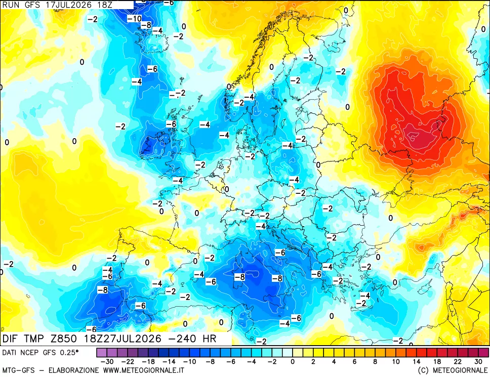 mappa Dif. Temp a 850 hPa Valid - Init