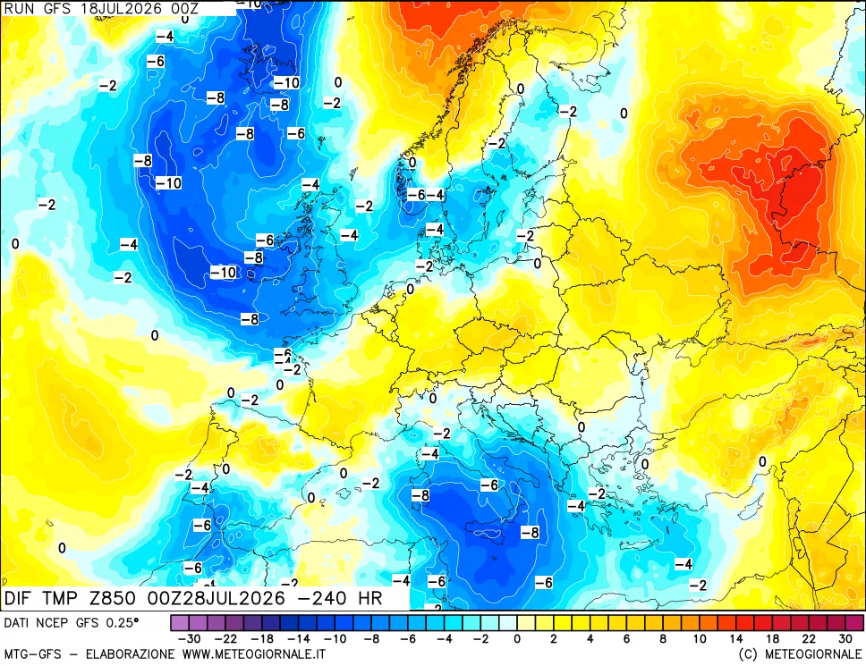 mappa Dif. Temp a 850 hPa Valid - Init