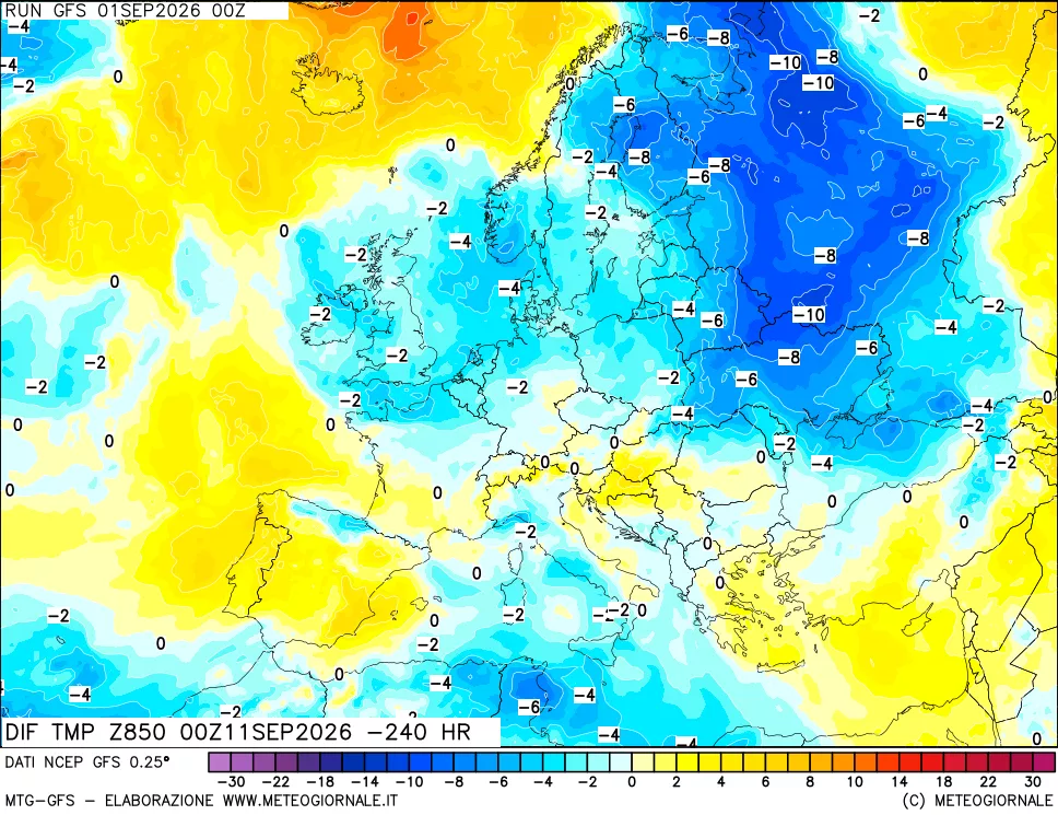 mappa Dif. Temp a 850 hPa Valid - Init