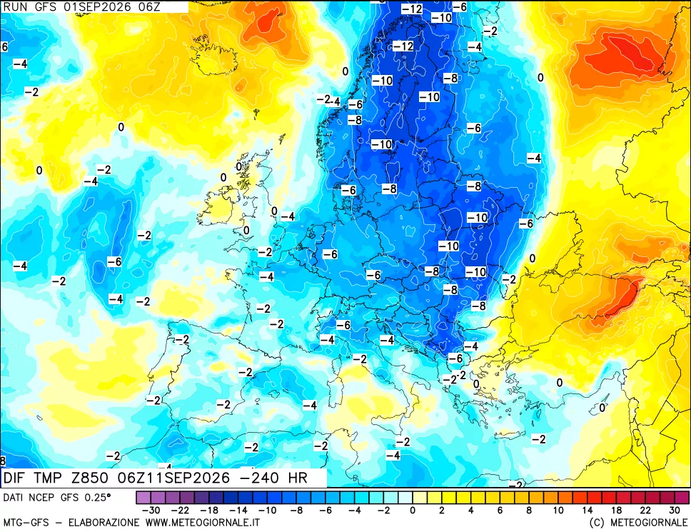 mappa Dif. Temp a 850 hPa Valid - Init