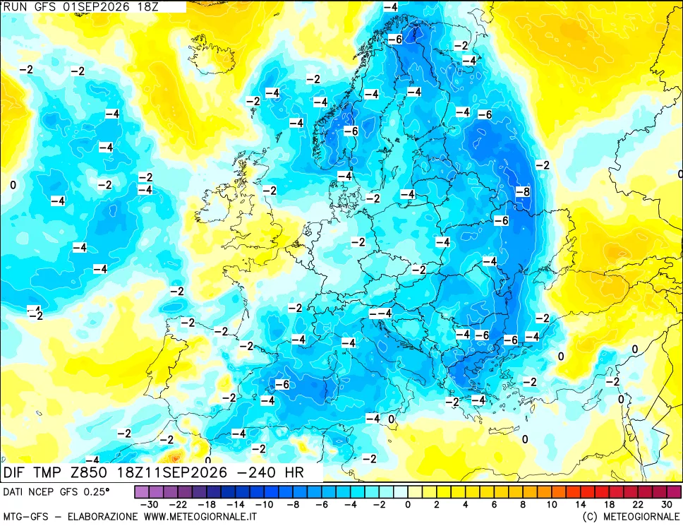 mappa Dif. Temp a 850 hPa Valid - Init