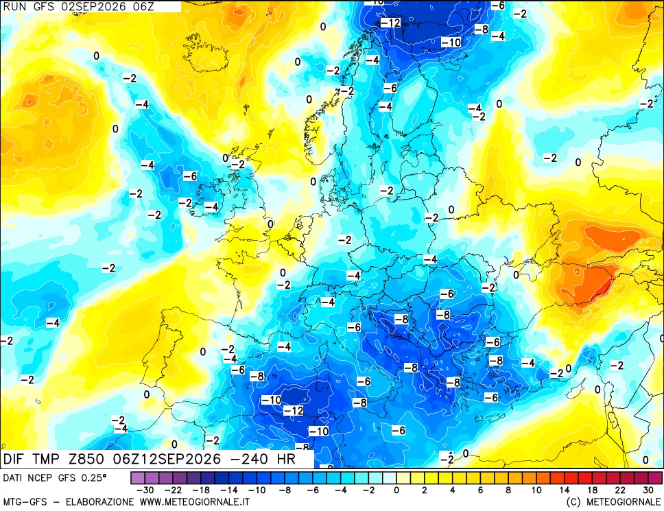 mappa Dif. Temp a 850 hPa Valid - Init