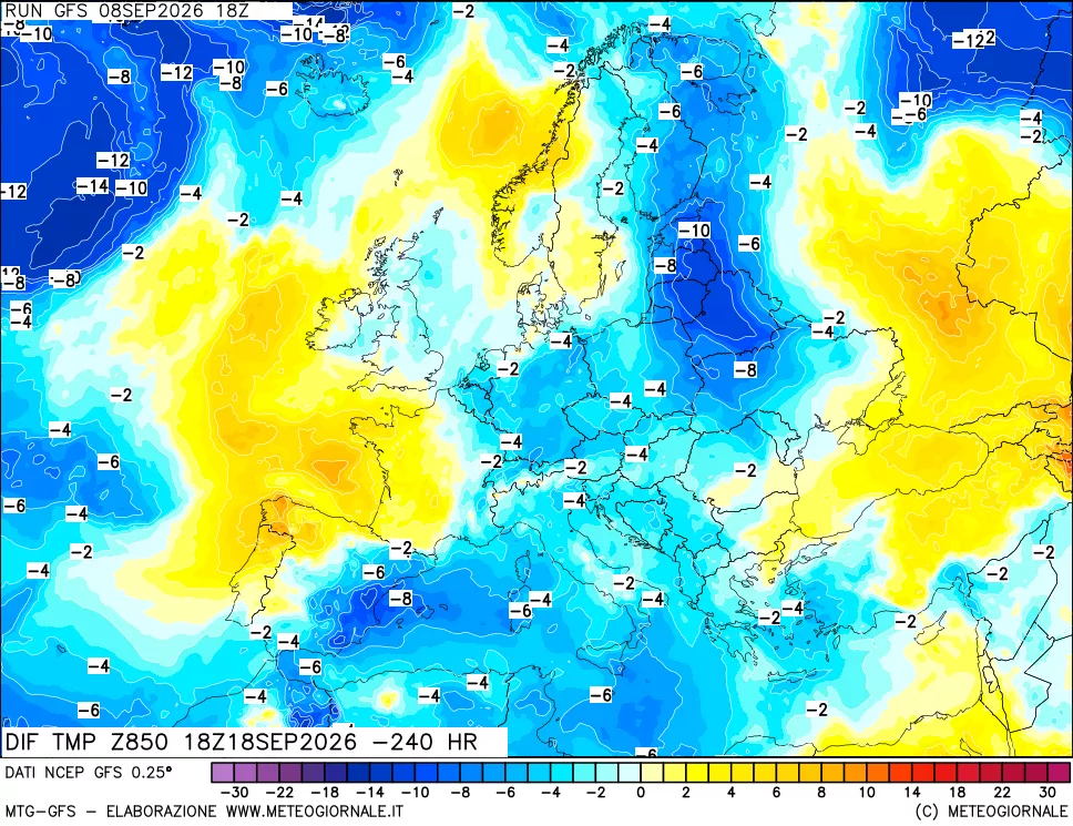 mappa Dif. Temp a 850 hPa Valid - Init