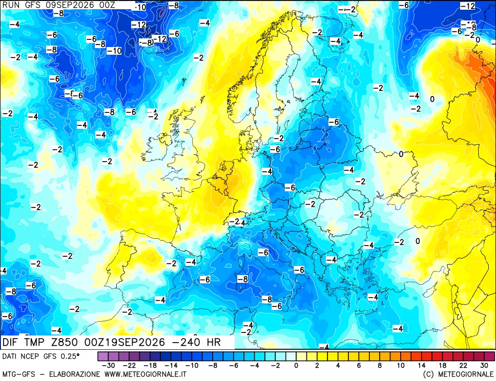 mappa Dif. Temp a 850 hPa Valid - Init
