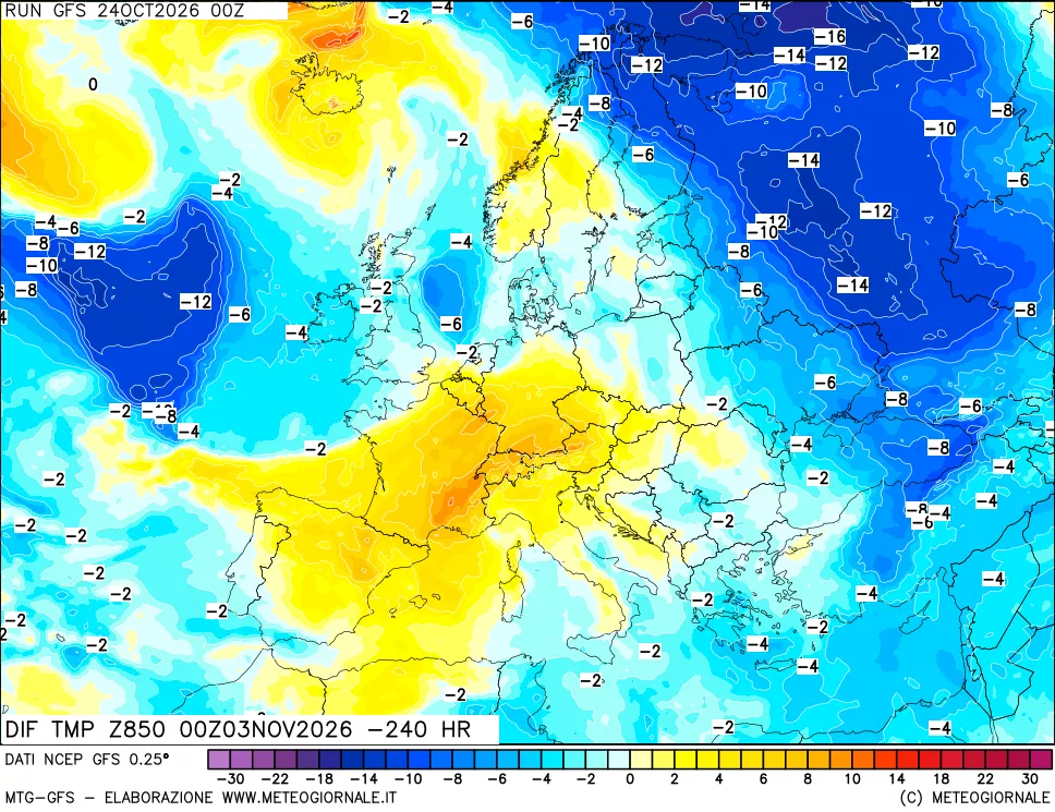 mappa Dif. Temp a 850 hPa Valid - Init