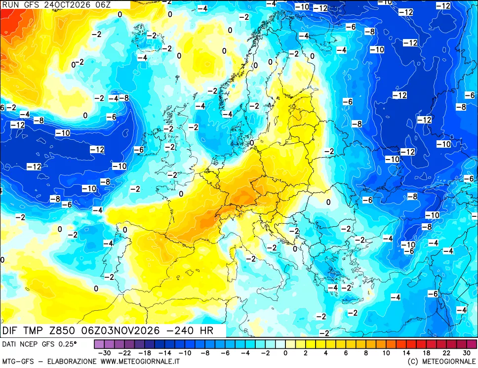 mappa Dif. Temp a 850 hPa Valid - Init