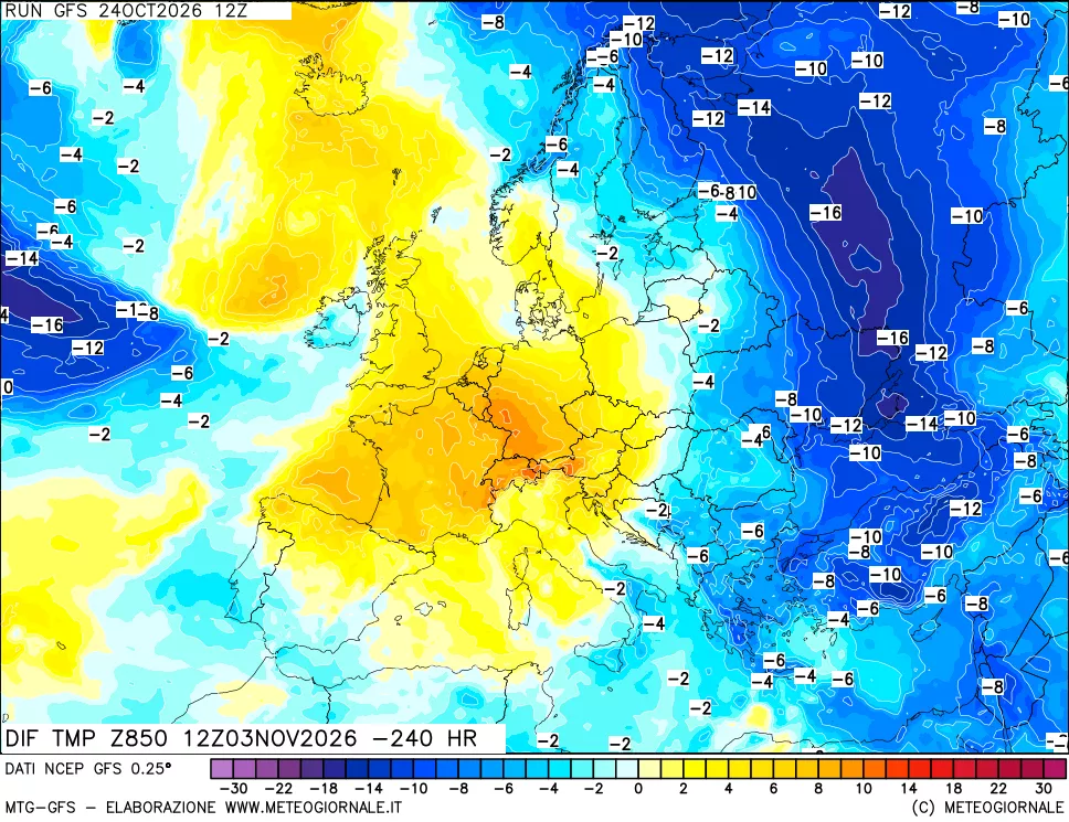 mappa Dif. Temp a 850 hPa Valid - Init