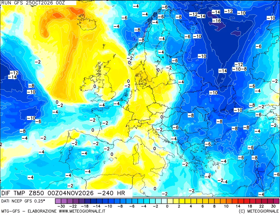 mappa Dif. Temp a 850 hPa Valid - Init