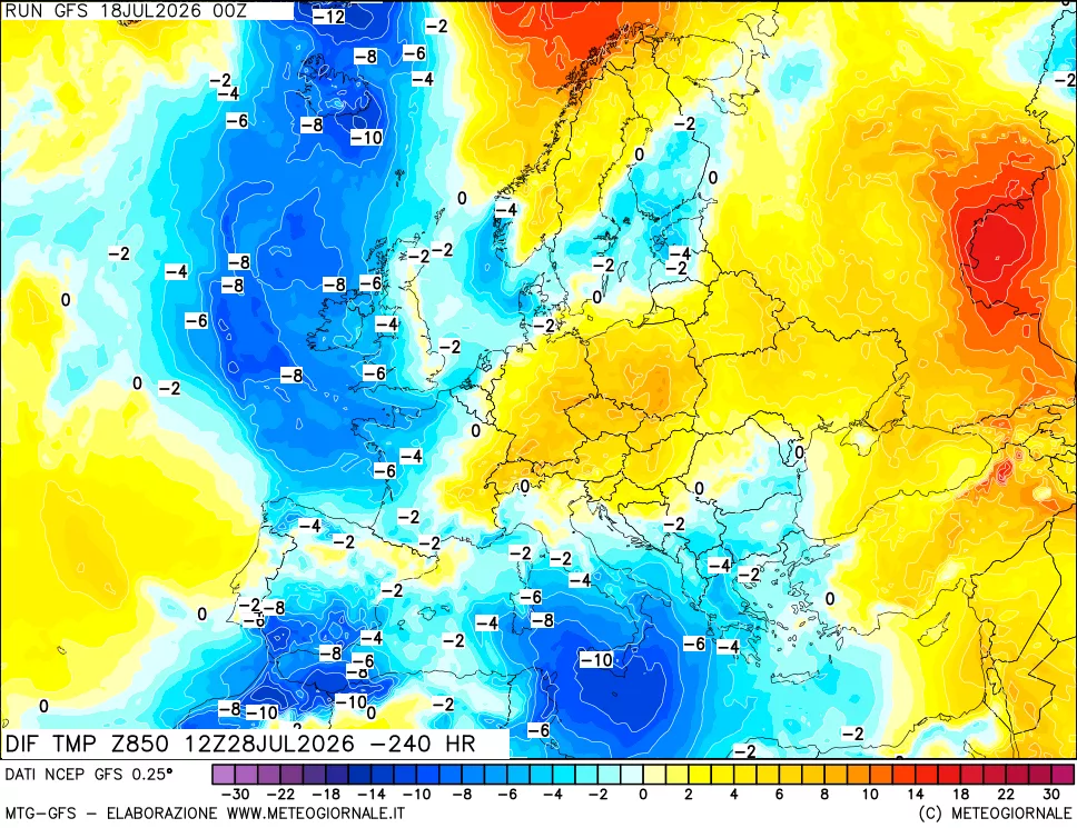 mappa Dif. Temp a 850 hPa Valid - Init