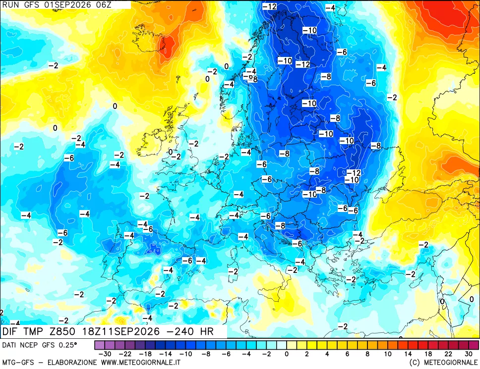 mappa Dif. Temp a 850 hPa Valid - Init
