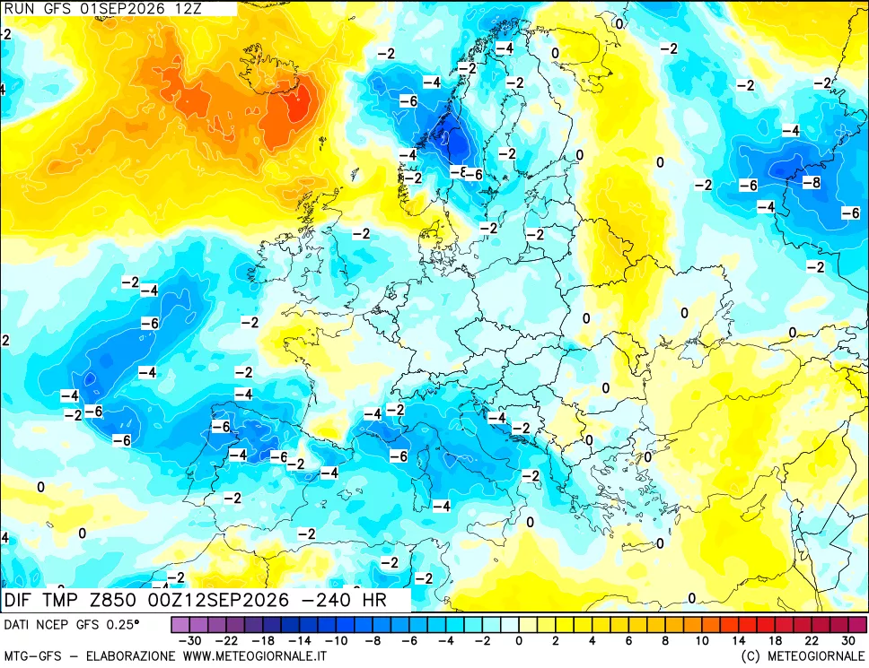mappa Dif. Temp a 850 hPa Valid - Init