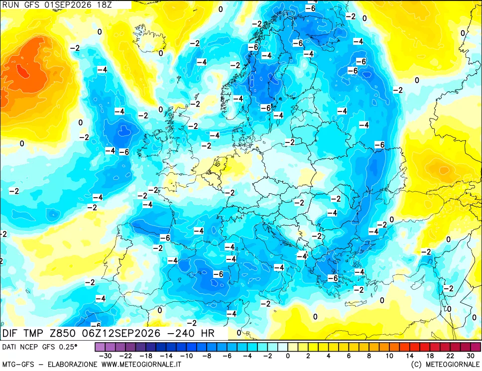 mappa Dif. Temp a 850 hPa Valid - Init