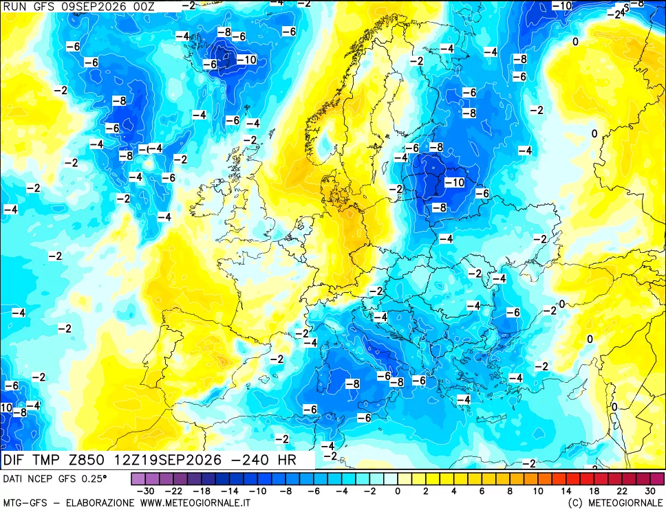 mappa Dif. Temp a 850 hPa Valid - Init
