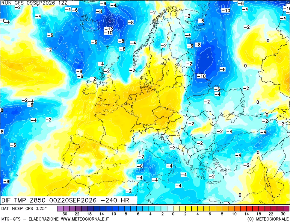 mappa Dif. Temp a 850 hPa Valid - Init