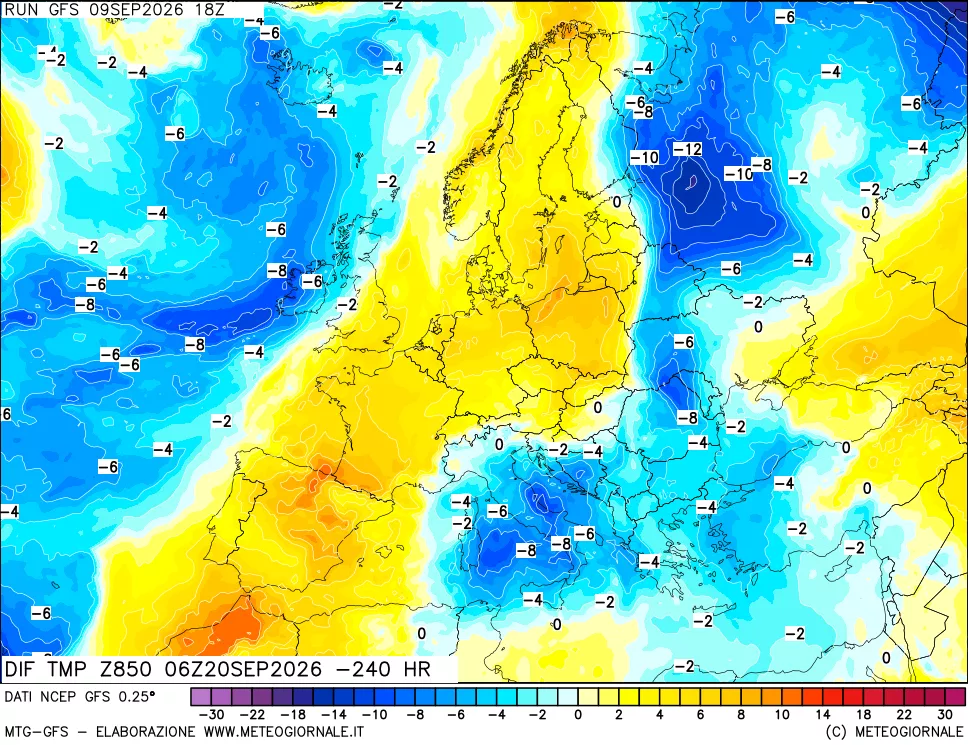 mappa Dif. Temp a 850 hPa Valid - Init