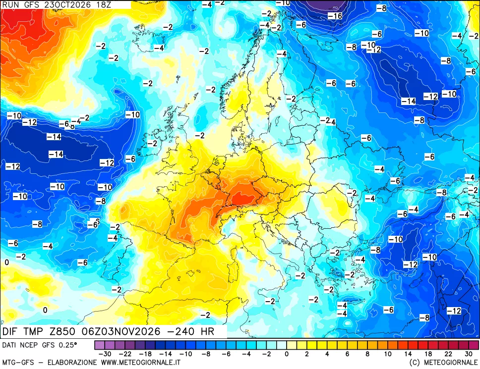 mappa Dif. Temp a 850 hPa Valid - Init