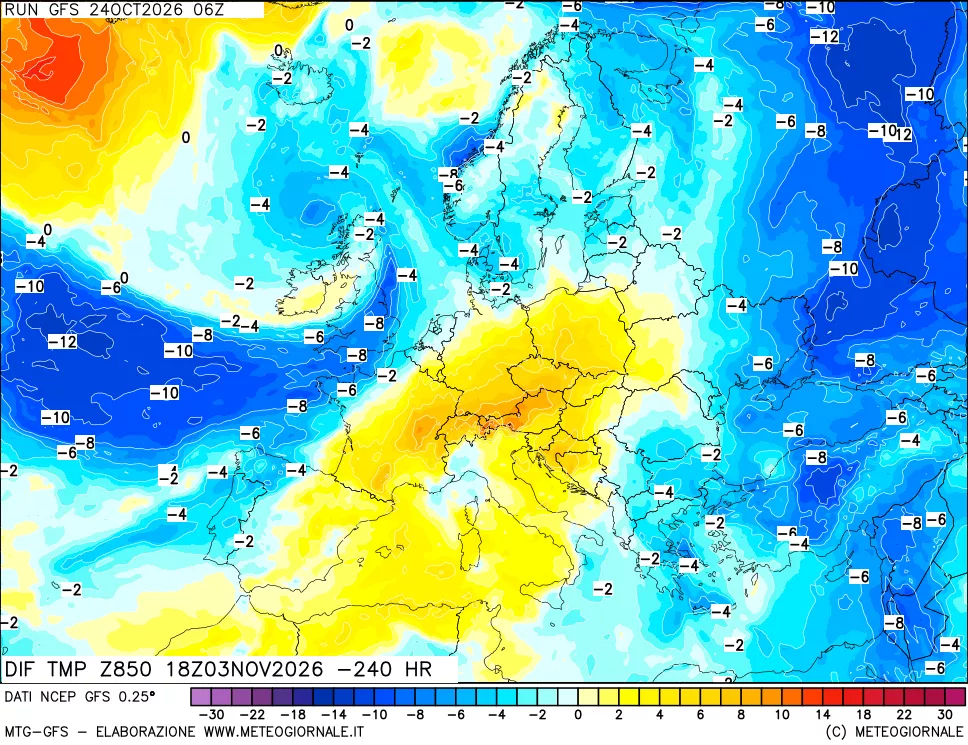 mappa Dif. Temp a 850 hPa Valid - Init