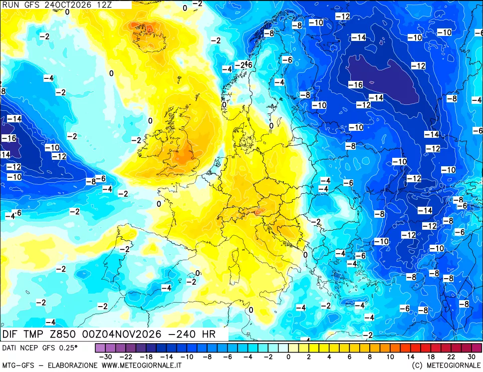 mappa Dif. Temp a 850 hPa Valid - Init