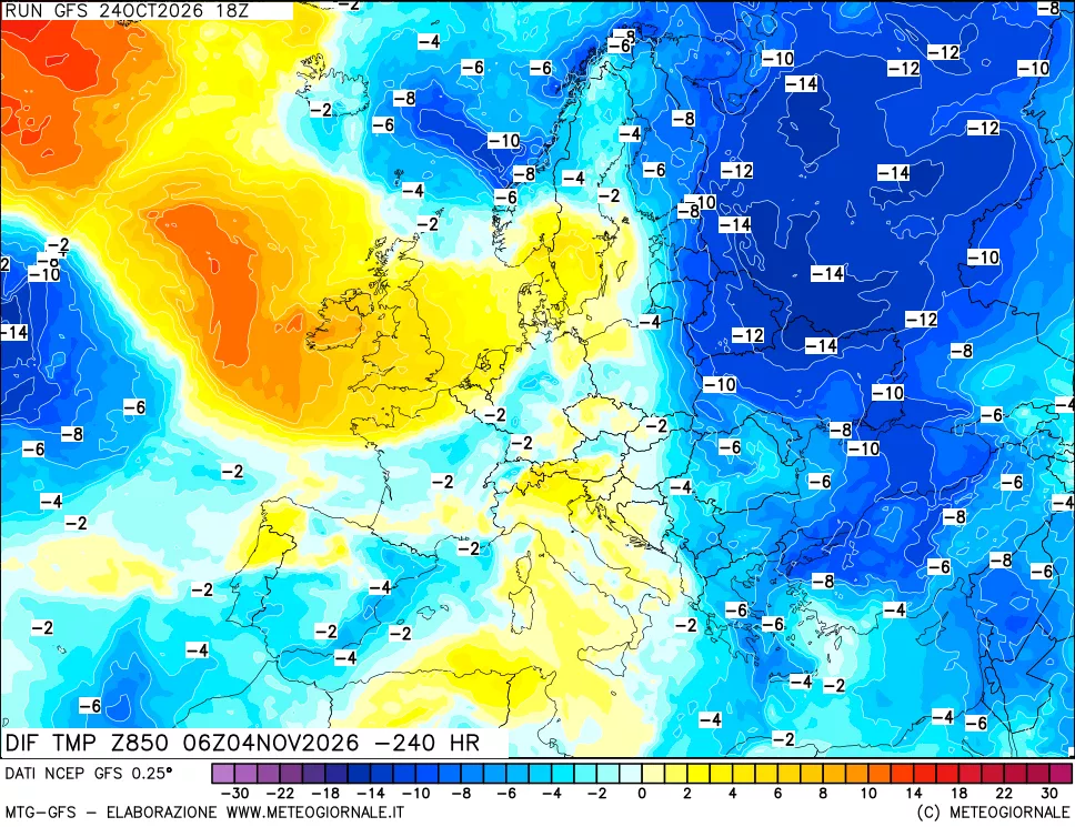 mappa Dif. Temp a 850 hPa Valid - Init