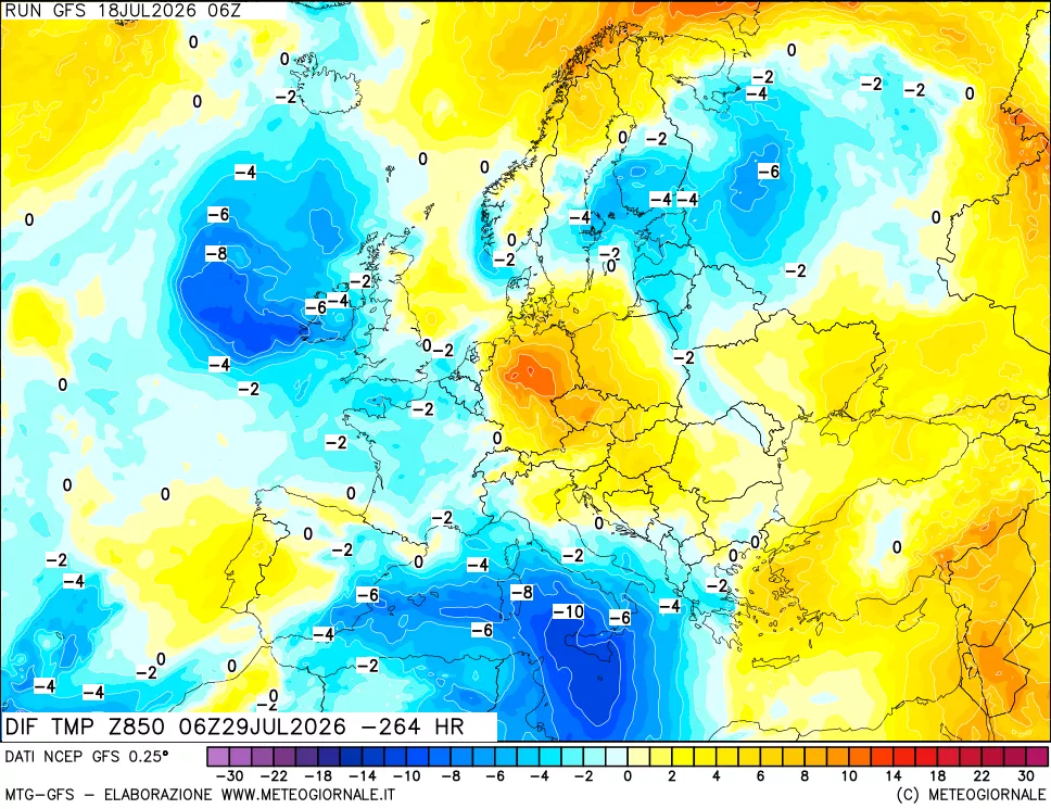 mappa Dif. Temp a 850 hPa Valid - Init