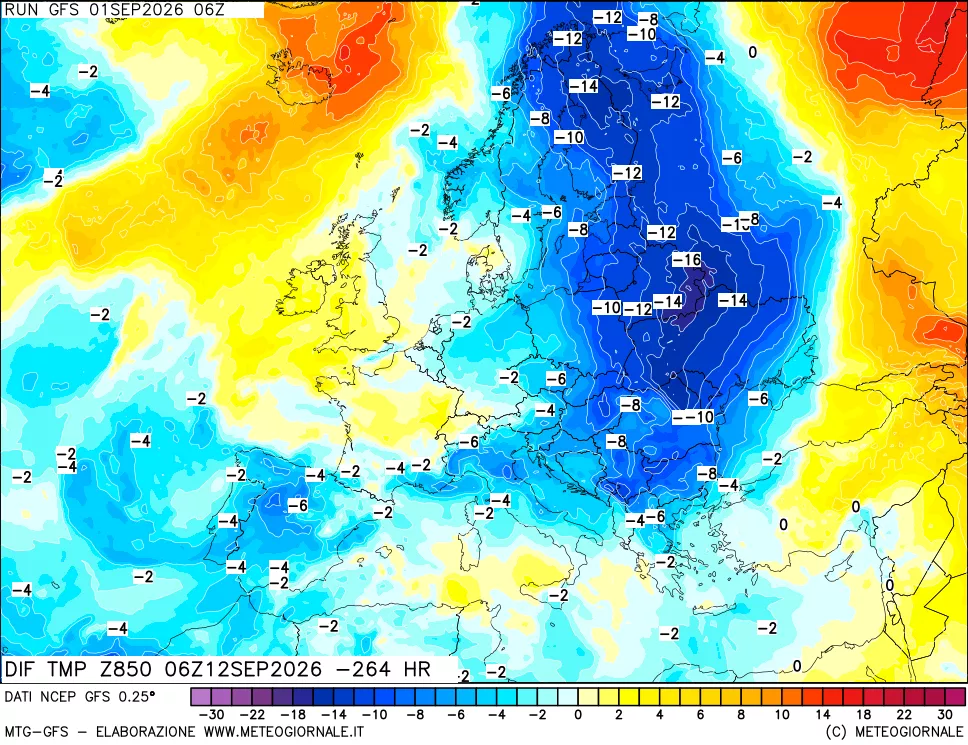 mappa Dif. Temp a 850 hPa Valid - Init