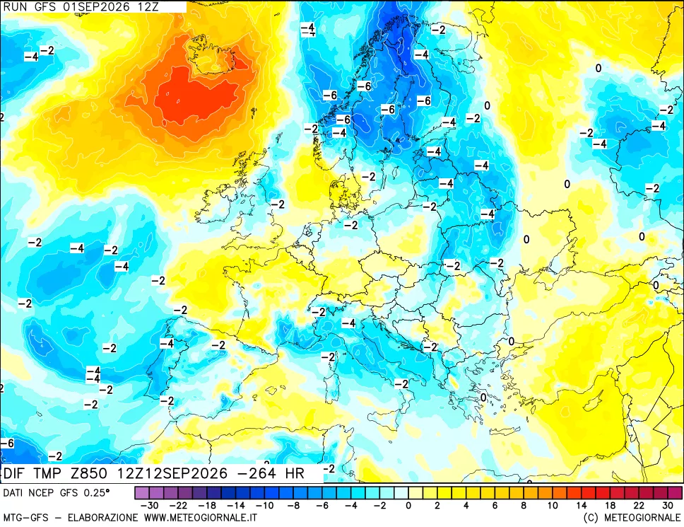 mappa Dif. Temp a 850 hPa Valid - Init