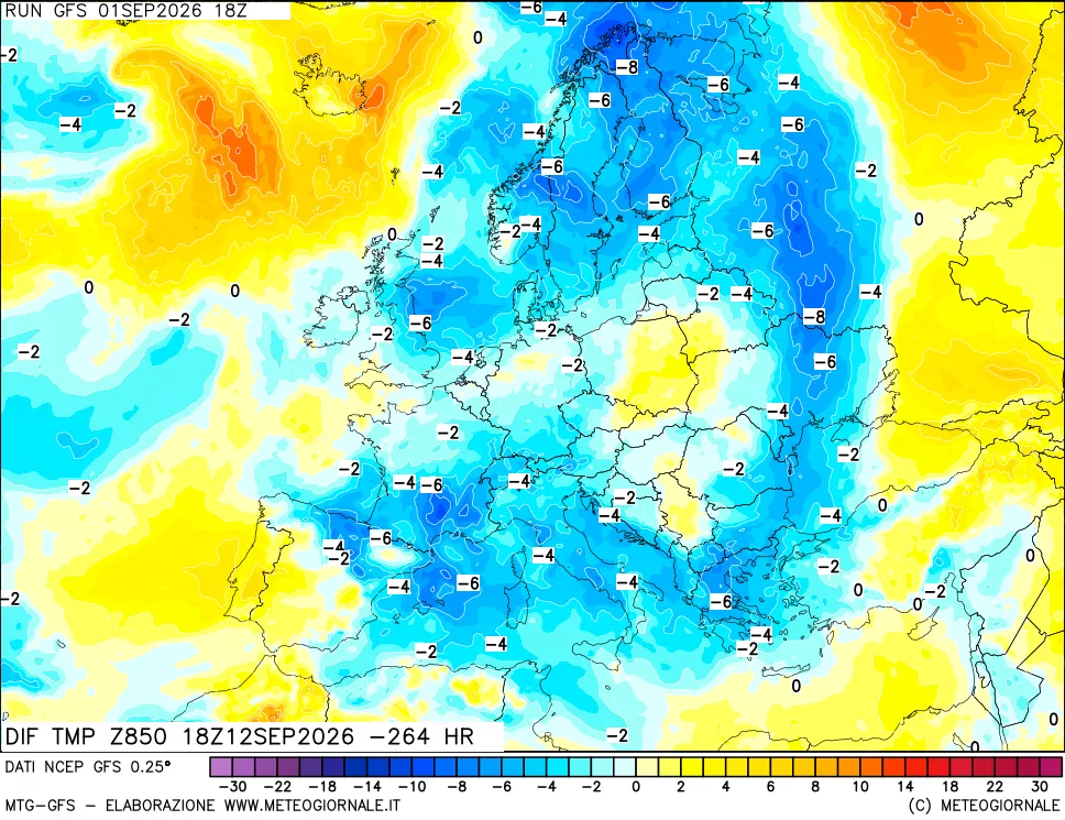 mappa Dif. Temp a 850 hPa Valid - Init
