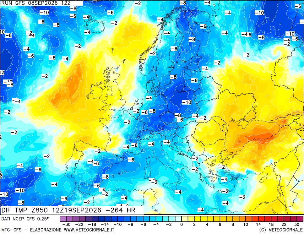 mappa Dif. Temp a 850 hPa Valid - Init