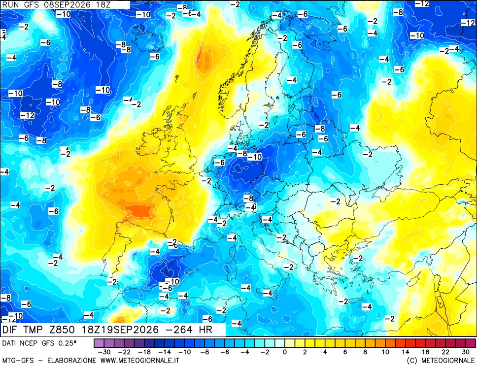 mappa Dif. Temp a 850 hPa Valid - Init