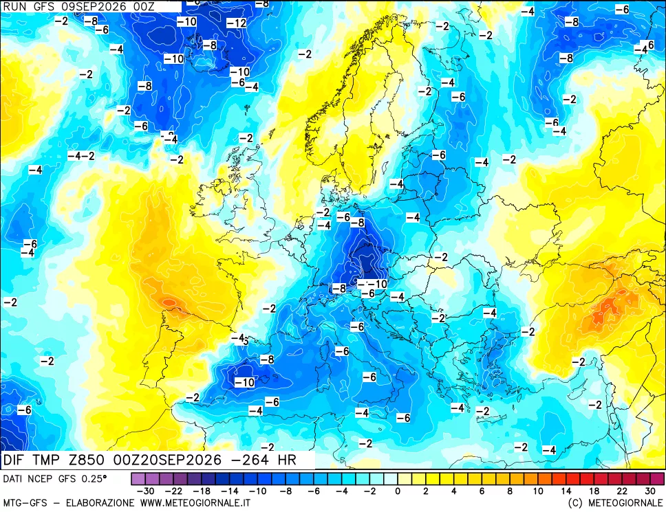 mappa Dif. Temp a 850 hPa Valid - Init