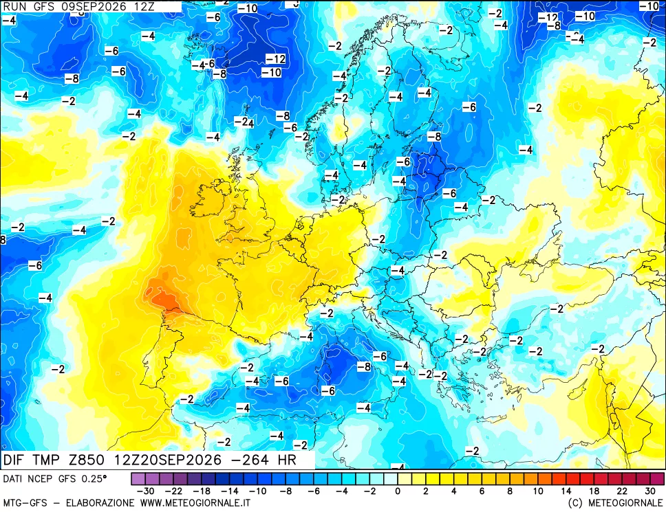 mappa Dif. Temp a 850 hPa Valid - Init