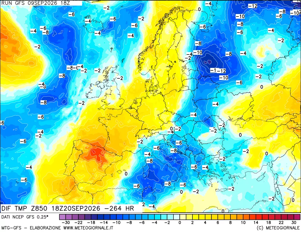 mappa Dif. Temp a 850 hPa Valid - Init