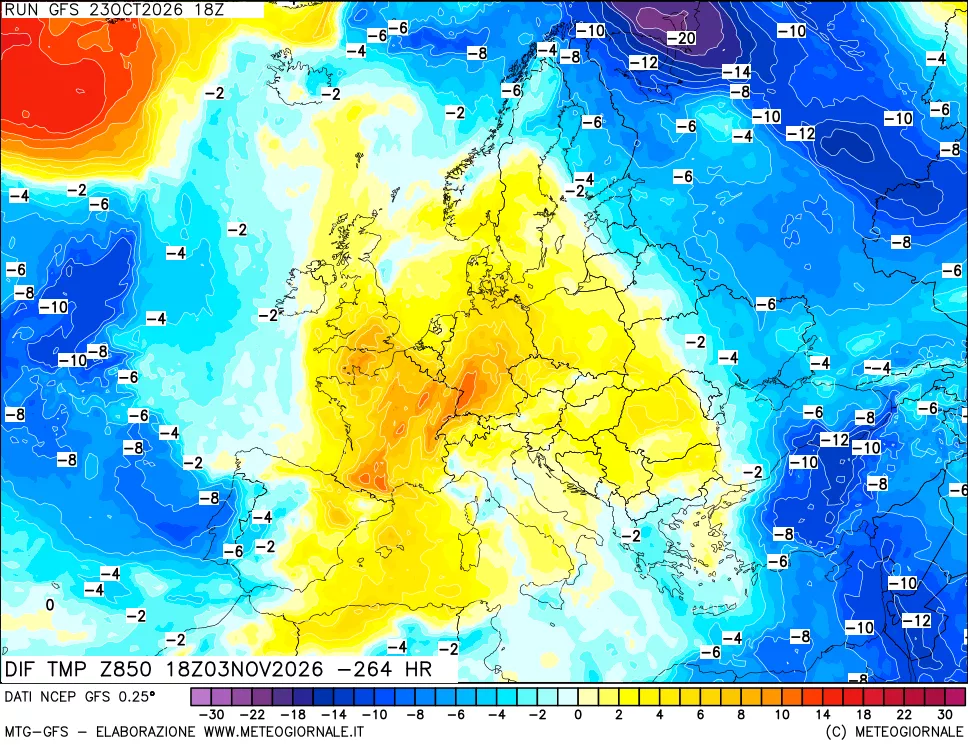 mappa Dif. Temp a 850 hPa Valid - Init
