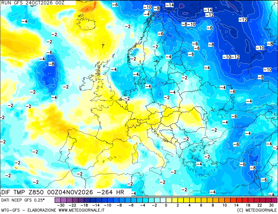 mappa Dif. Temp a 850 hPa Valid - Init
