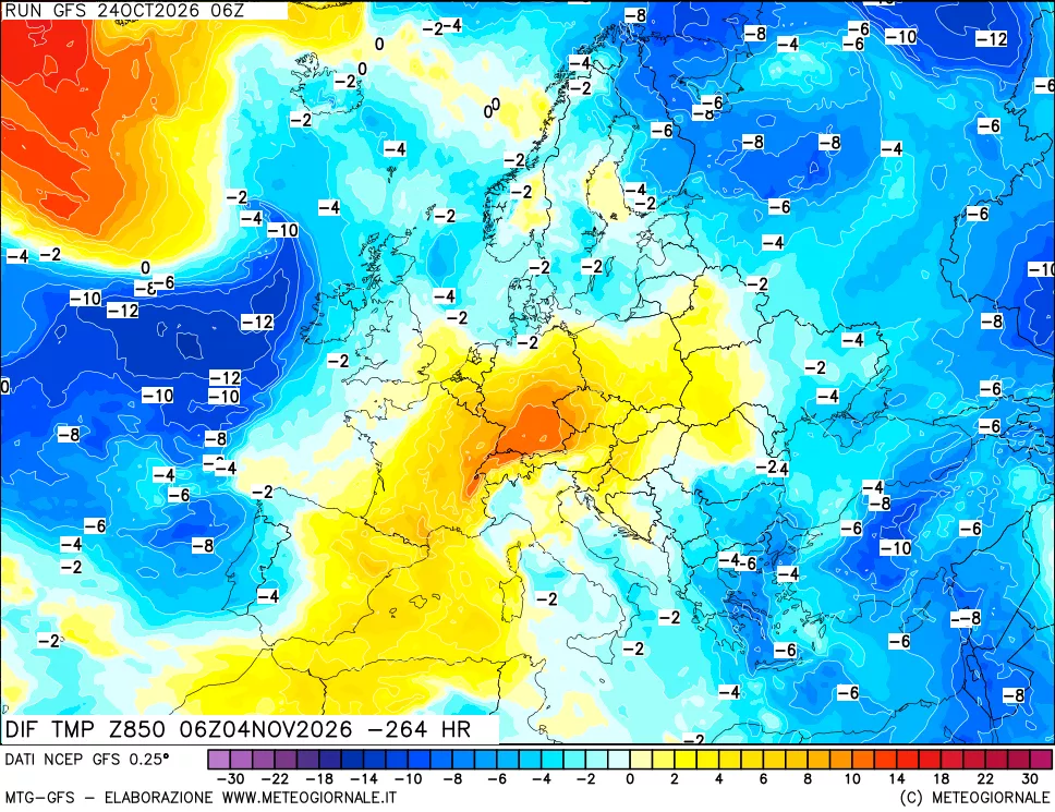 mappa Dif. Temp a 850 hPa Valid - Init