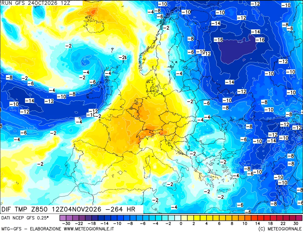 mappa Dif. Temp a 850 hPa Valid - Init