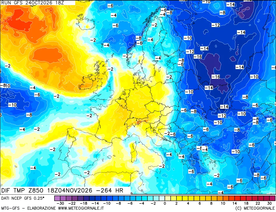 mappa Dif. Temp a 850 hPa Valid - Init