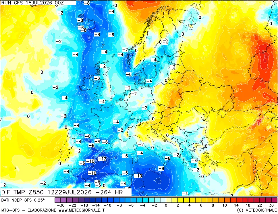 mappa Dif. Temp a 850 hPa Valid - Init