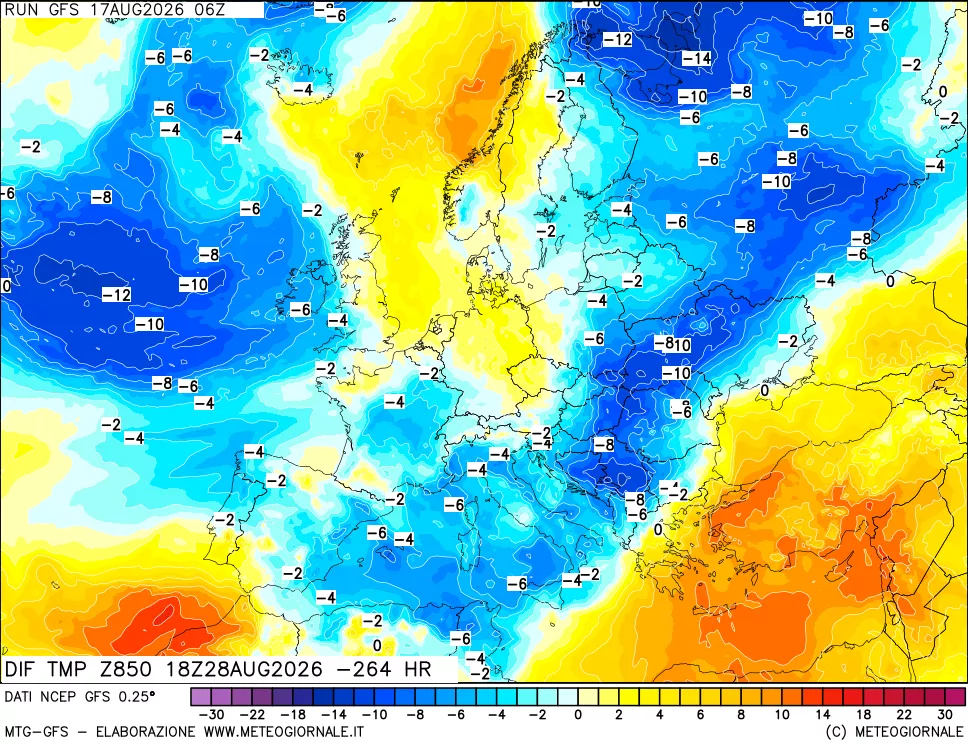 mappa Dif. Temp a 850 hPa Valid - Init