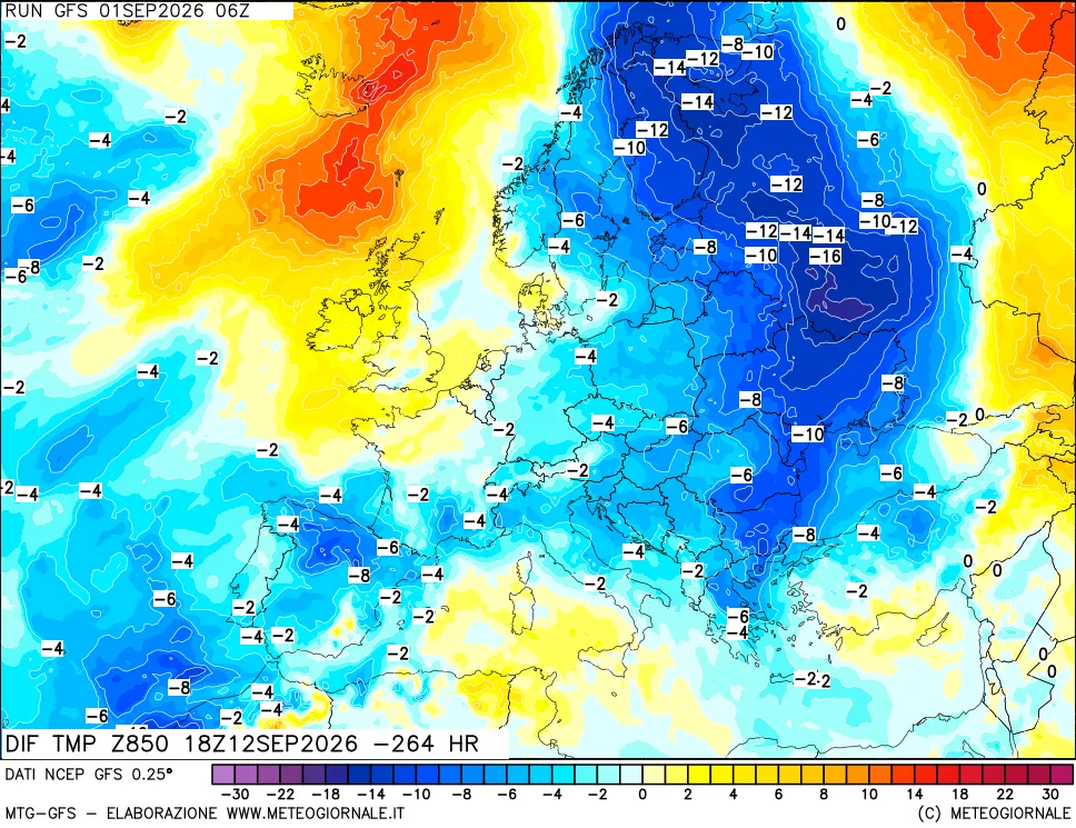mappa Dif. Temp a 850 hPa Valid - Init