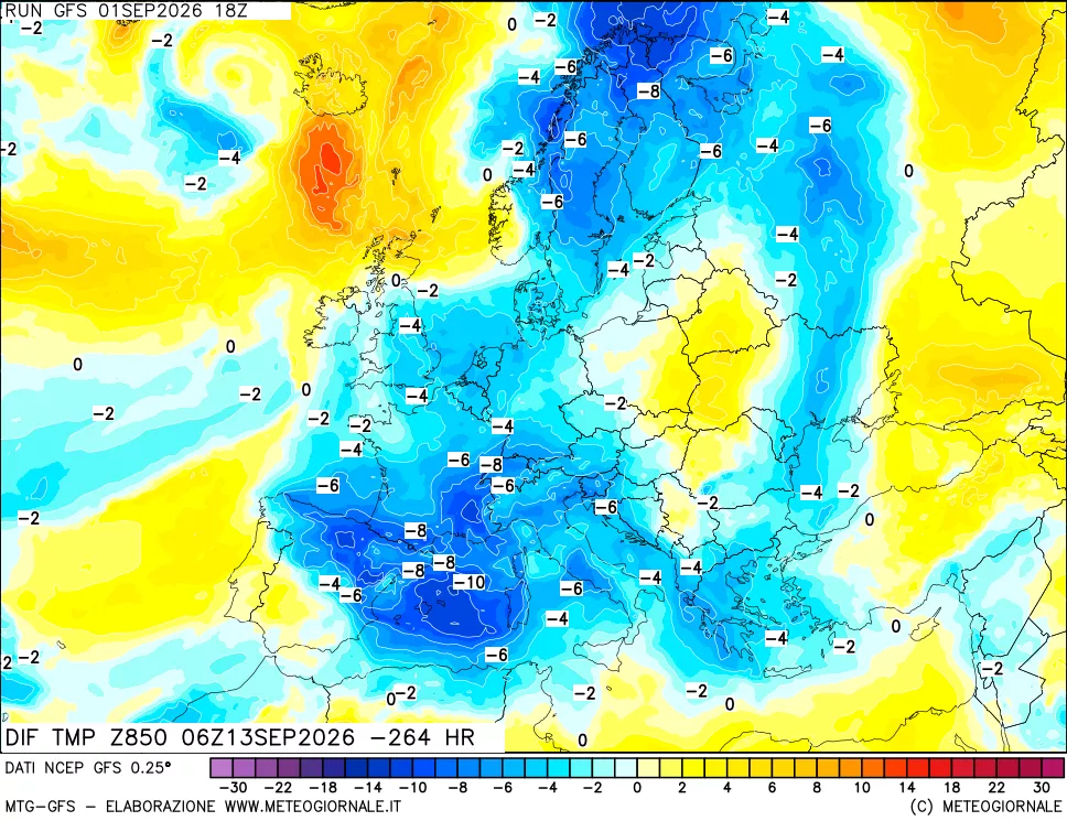 mappa Dif. Temp a 850 hPa Valid - Init