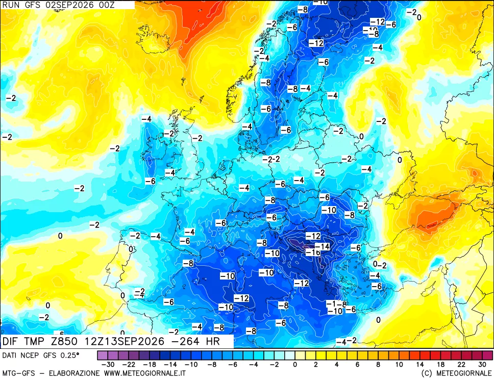 mappa Dif. Temp a 850 hPa Valid - Init