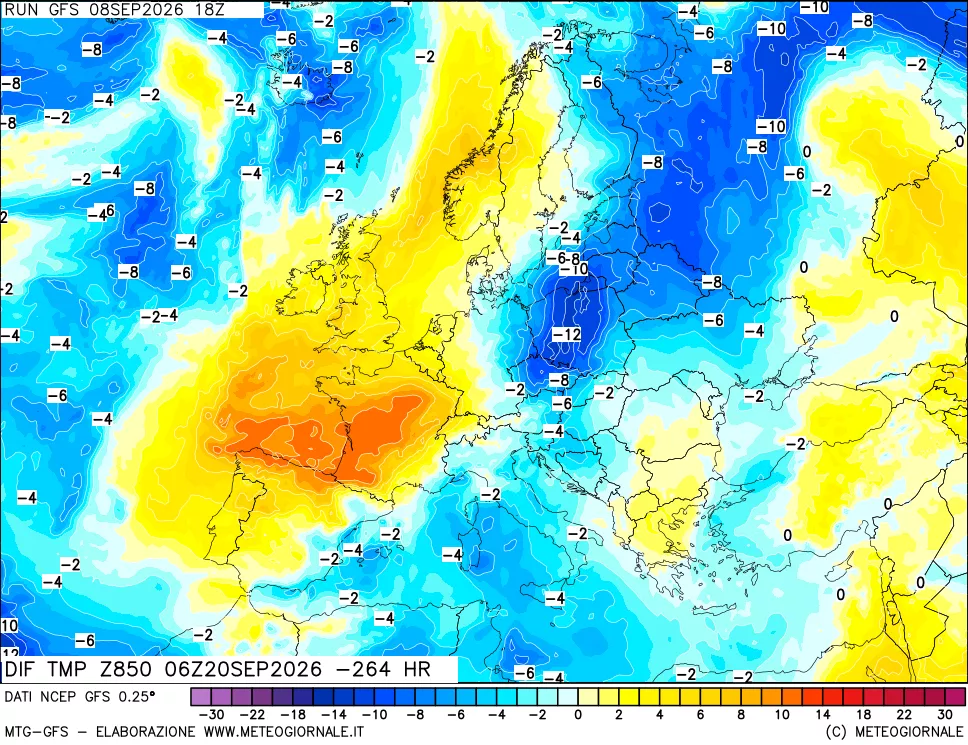 mappa Dif. Temp a 850 hPa Valid - Init