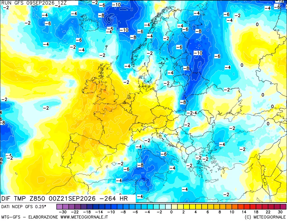 mappa Dif. Temp a 850 hPa Valid - Init