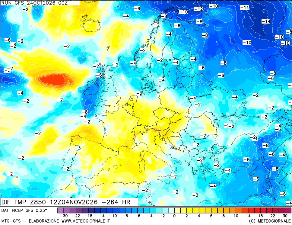 mappa Dif. Temp a 850 hPa Valid - Init
